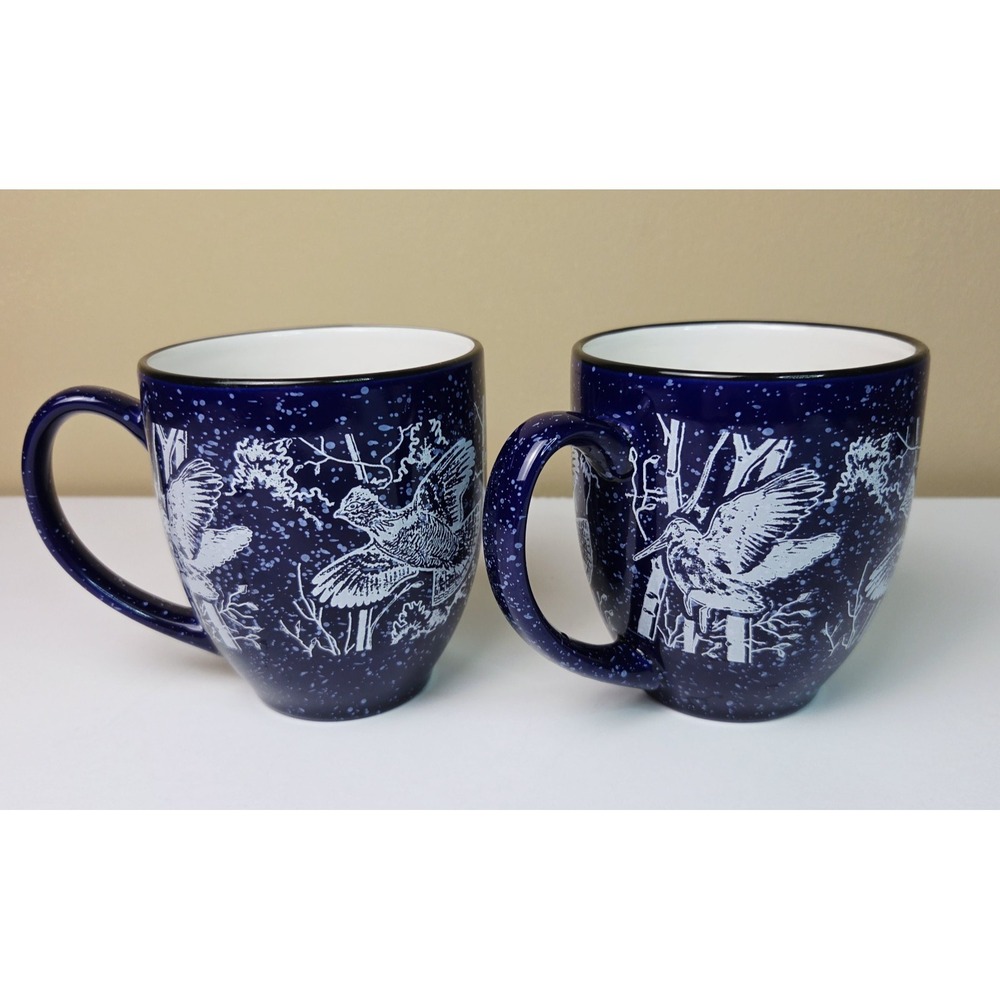 Set of 2 Angler's Expressions Blue Speckled Game Bird Coffee Mugs